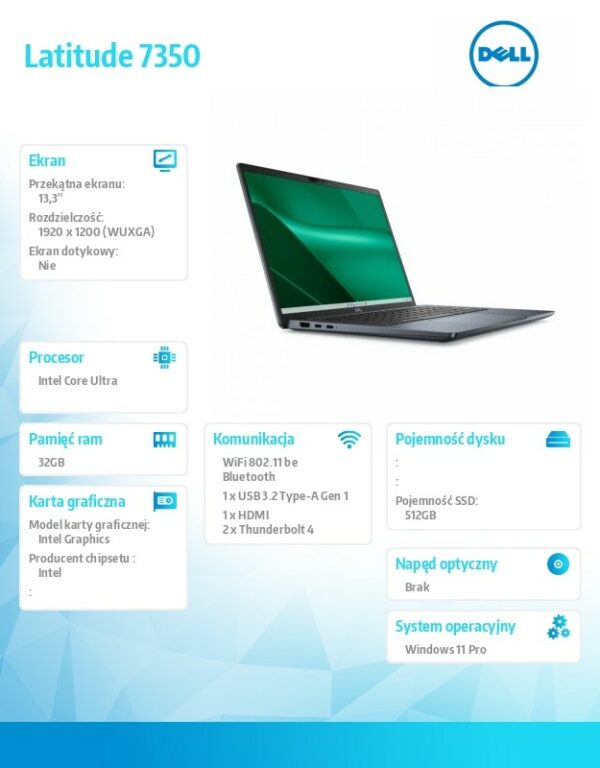 Notebook Latitude 7350 Win11Pro Ultra 7 165U/32GB/512GB SSD Gen4/13.3' FHD+/Int/FgrPr&SmtCd/IR Cam/Mic/WLAN+BT/Backlit Kb/3C/vPro/3YPS - obrazek 4