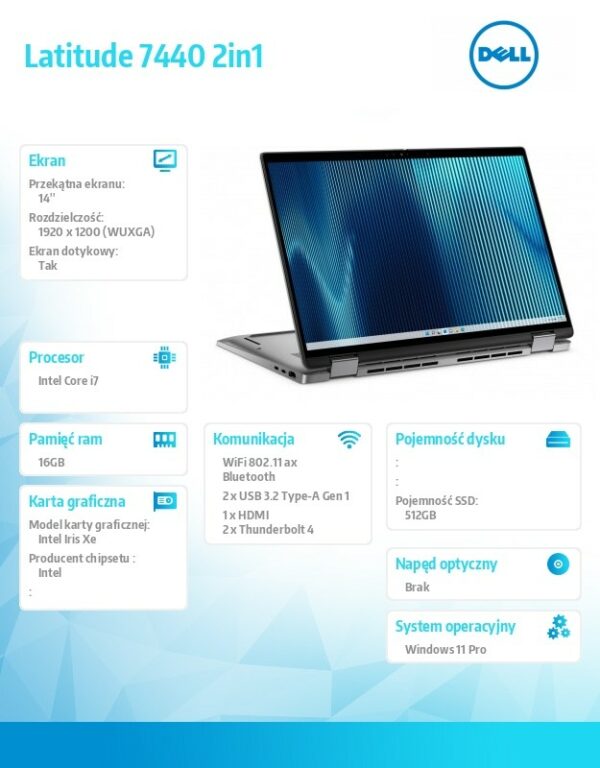 Notebook Latitude 7440 Win11Pro i7-1365U/16GB/512GB SSD/2in1 14.0FHD Touch/Intel IrisXe/ThBlt/FgrPr/SmtCd/FHD/IRCam/Mic/WLAN+BT/BacklKb/3YPS Aluminium - obrazek 6