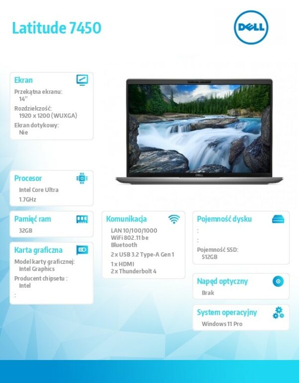 Notebook Latitude 7450 Win11Pro Ultra 7 165U/32GB/512GB SSD/14.0 FHD+ 250nits/Intel Graph/FgrPr&SmtCd/FHD/IR Cam/Mic/WLAN+BT/Bcklit Kb/3C/3YPS - obrazek 4