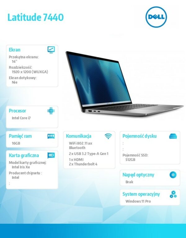 Notebook Latitude 7440 Win11Pro i7-1365U/16GB/512GB SSD/14.0 FHD/Intel Iris Xe/ThBlt&FgrPr&SmtCd/FHD/IRCam/Mic/WLAN+BT/Backlit Kb/3Cell/3YPS Aluminium - obrazek 4