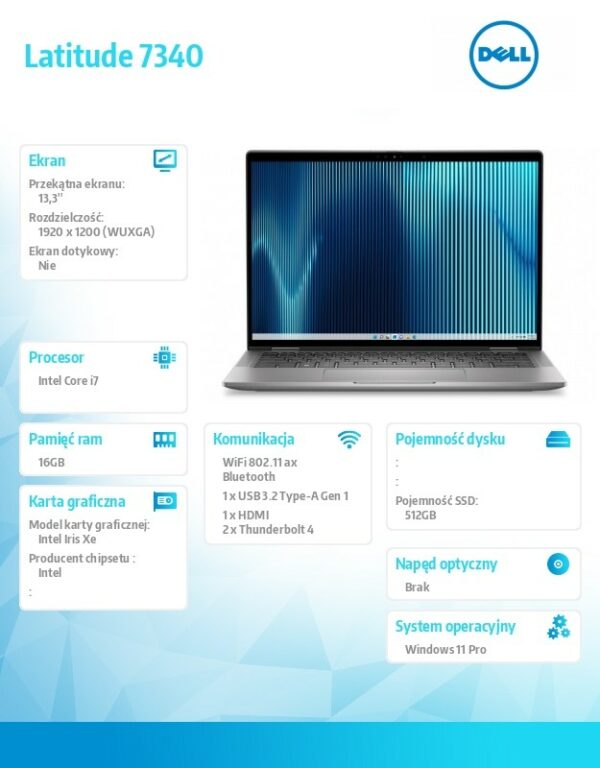 Notebook Latitude 7340 Win11Pro i7-1365U/16GB/512GB SSD/13.3 FHD/Intel Iris Xe/ThBlt & FgrPr & SmtCd/FHD/IR Cam/Mic/WLAN + BT/Backlit Kb/3 Cell/3YPS - obrazek 5