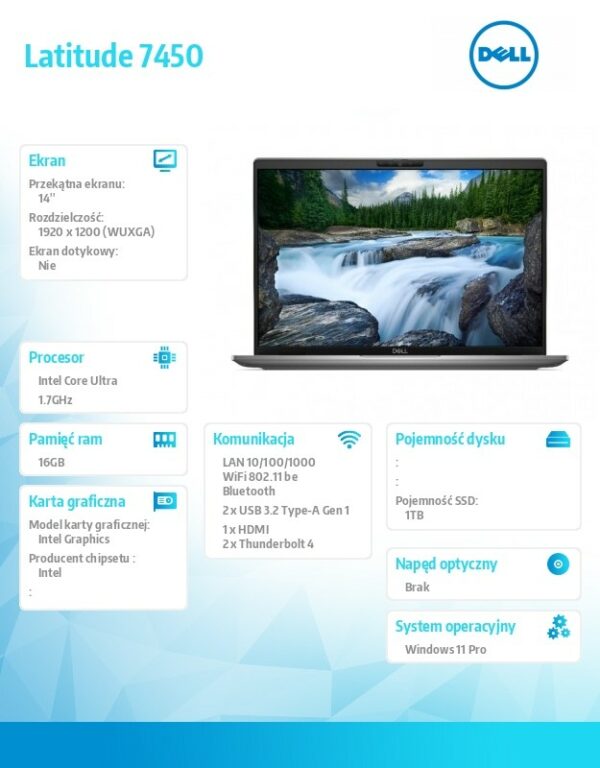 Notebook Latitude 7450 Win11Pro Ultra 7 155U/16GB/1TB SSD/14.0 FHD+ 250nits/Intel Graph/FgrPr&SmtCd/FHD/IR Cam/Mic/WLAN+BT/Backlit Kb/3C/3YPS - obrazek 4