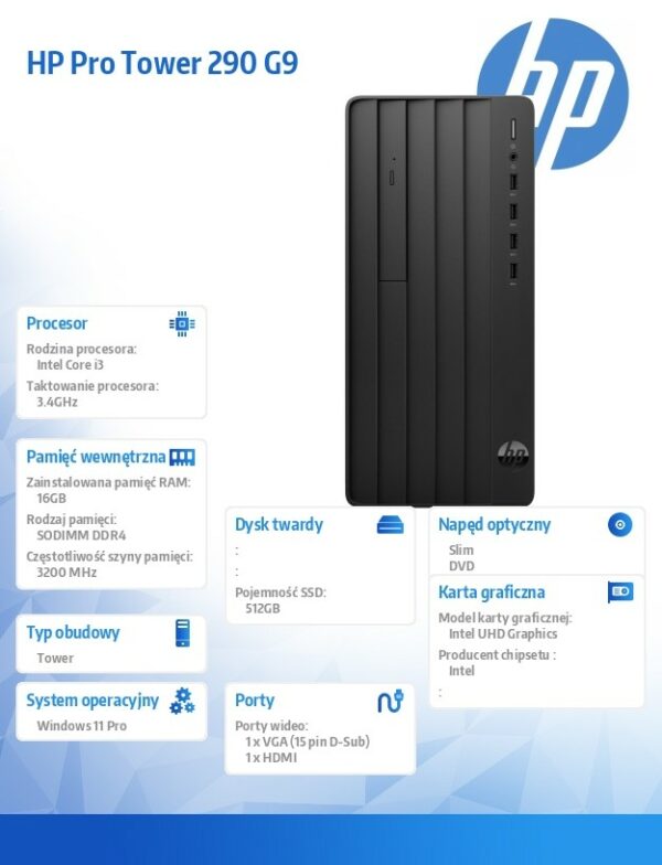 Komputer stacjonarny 290 Tower G9 i3-13100 512GB/16GB/DVDR/W11P 936A6EA - obrazek 4
