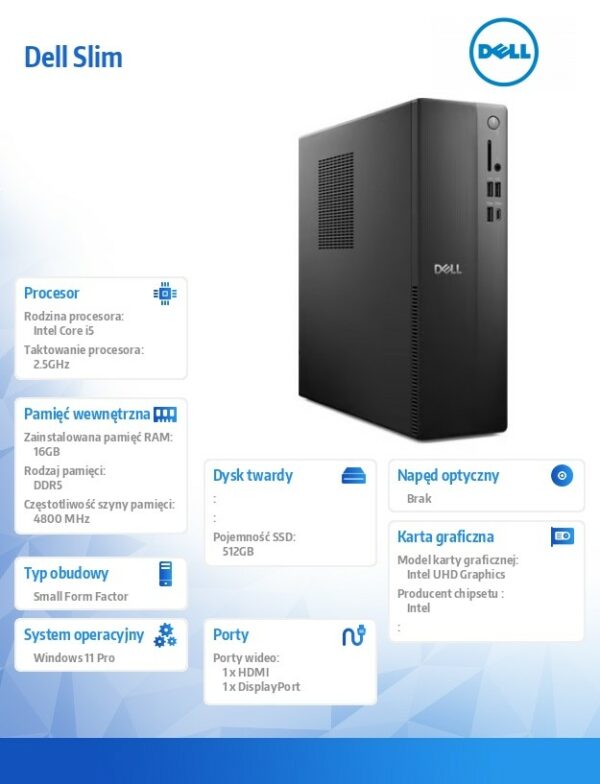 Komputer Dell Slim ECS1250 Win11Pro i5-14400/16GB/512GB SSD/Intel UHD 730/WLAN + BT/Kb/Mouse/3YPS - obrazek 5