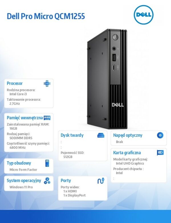 Komputer Dell Pro Micro QCM1250 W11Pro i3-14100T/16GB/512GB SSD/Integrated/WLAN + BT/Kb/Mouse/3YPS - obrazek 5