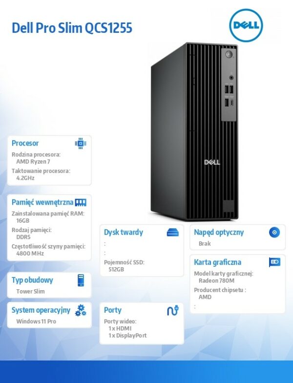 Komputer Dell Pro Slim QCS1255 W11Pro Ryzen 7 8700G/16GB/512GB SSD/Integrated/WLAN + BT/Kb/Mouse/3YPS - obrazek 5