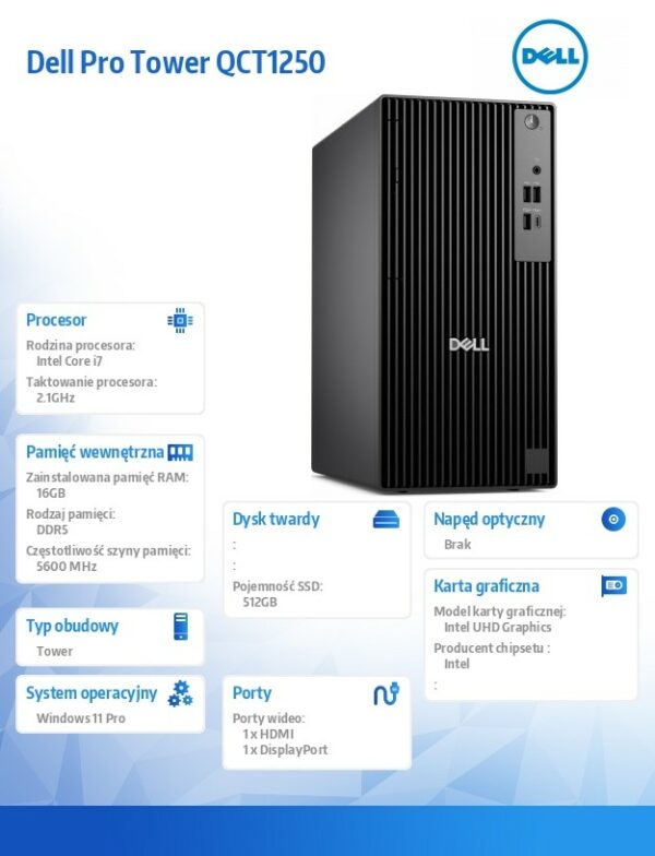 Komputer Dell Pro Tower QCT1250 W11Pro i7-14700/16GB/512GB/Integrated/Kb/Mouse/3YPS - obrazek 5
