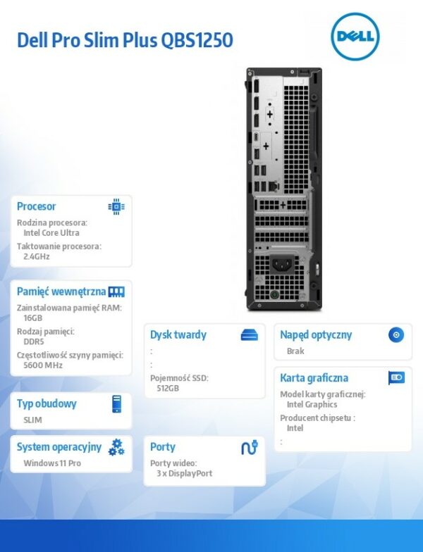 Komputer Dell Pro Slim Plus QBS1250 W11Pro U7 265/16GB/512GB/Integrated/WLAN + BT/Wireless Kb & Mouse/260W/3YPS - obrazek 4