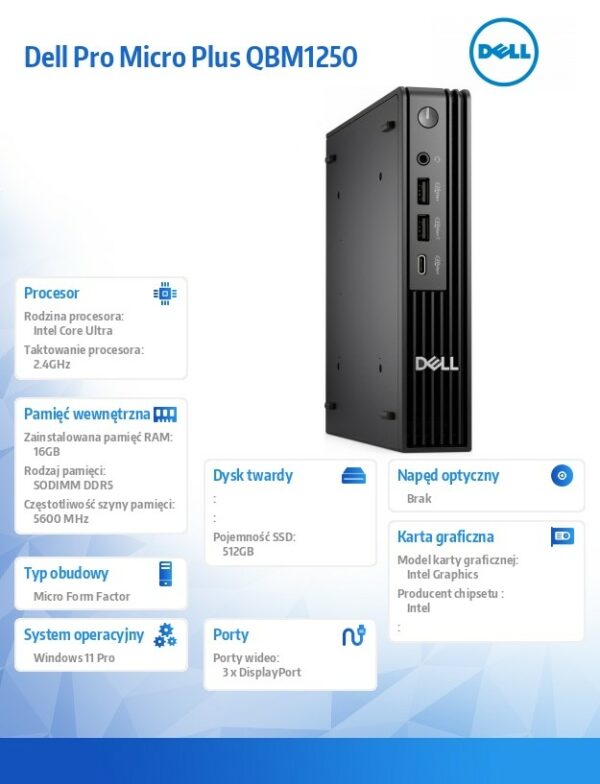 Komputer Dell Pro Micro Plus QBM1250 W11Pro U7 265/16GB/512GB/Integrated/WLAN + BT/Wireless Kb & Mouse/3YPS - obrazek 5