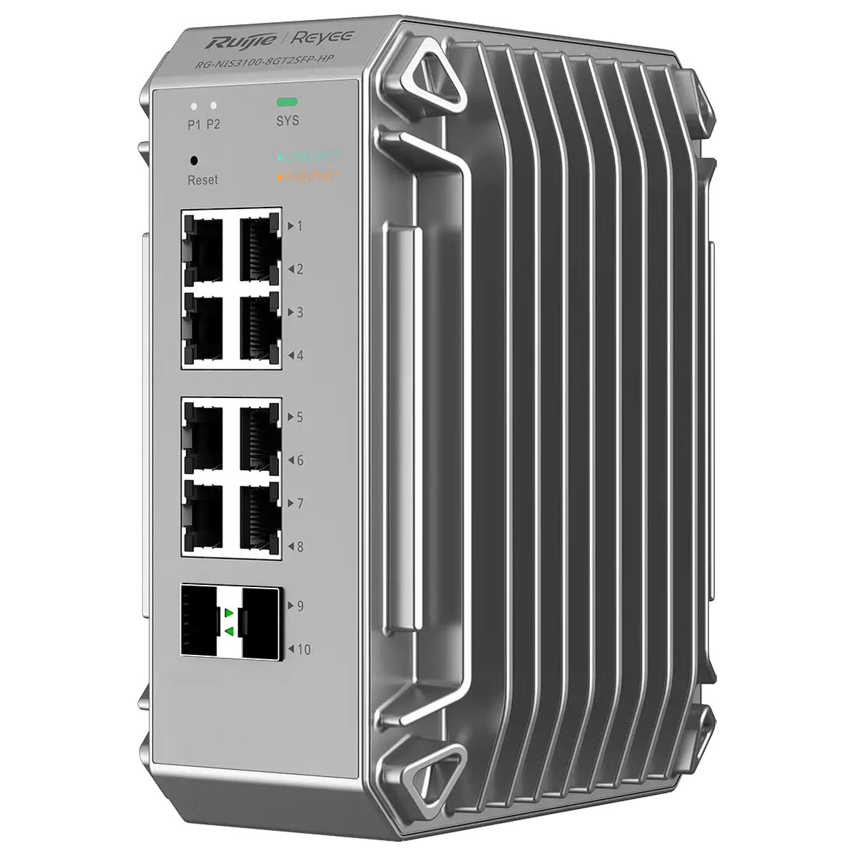 Ruijie Reyee RG-NIS3100-8GT2SFP-HP | Switch zarządzalny przemysłowy, 10 portów, 8xGE, 8xPoE, 240W, 2xSFP, L2, Cloud - obrazek 2