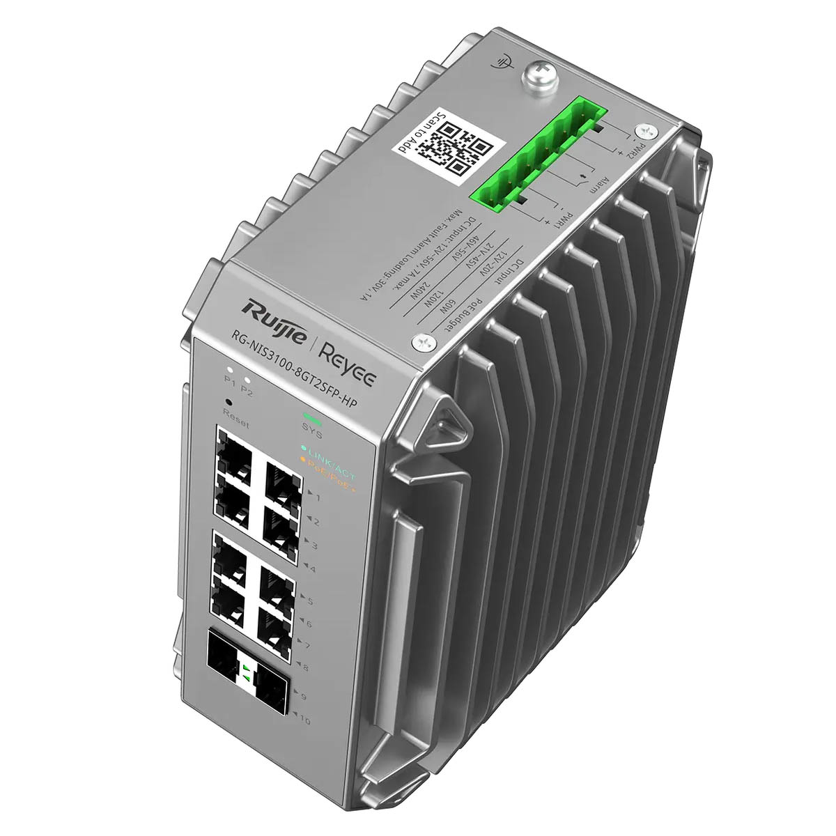 Ruijie Reyee RG-NIS3100-8GT2SFP-HP | Switch zarządzalny przemysłowy, 10 portów, 8xGE, 8xPoE, 240W, 2xSFP, L2, Cloud - obrazek 3
