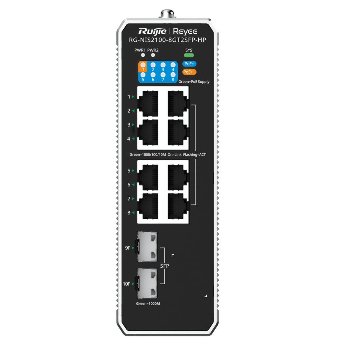 Ruijie Reyee RG-NIS2100-8GT2SFP-HP | Switch zarządzalny przemysłowy, 10 portów, 8xGE, 1xPoE++, 7xPoE+, 300W, 2xSFP, L2, Cloud - obrazek 2